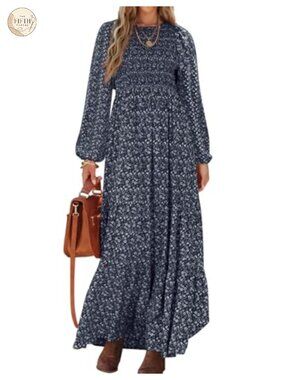 Long Sleeve Floral Maxi Dress Smocked Tiered A-Line Casual